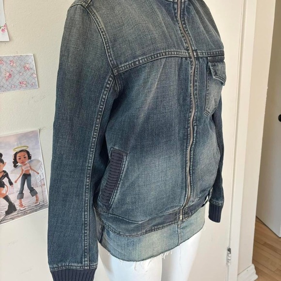 Salsa Dark Wash Distressed Denim Bomber Jacket Medium - Picture 7 of 8